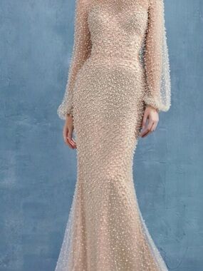 Elegant Blush Pearl-Embellished Long Sleeve Mermaid Dress